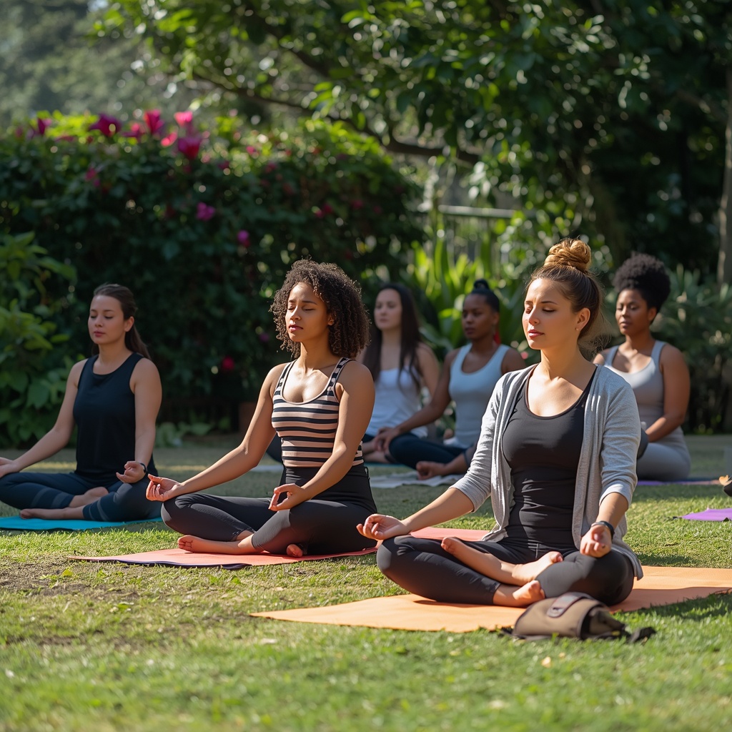group of diverse adults practicing guided outdoor mindfulness meditation on yoga mats in a sunlit botanical garden setting